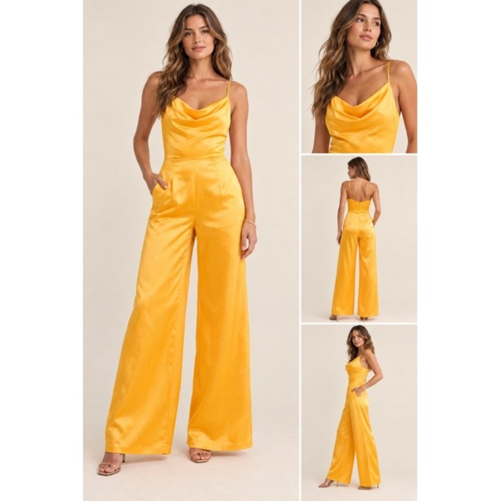 Elliatt Lydia Cowl Neck Jumpsuit Yellow Satin Wide Leg Evening Formal Wedding